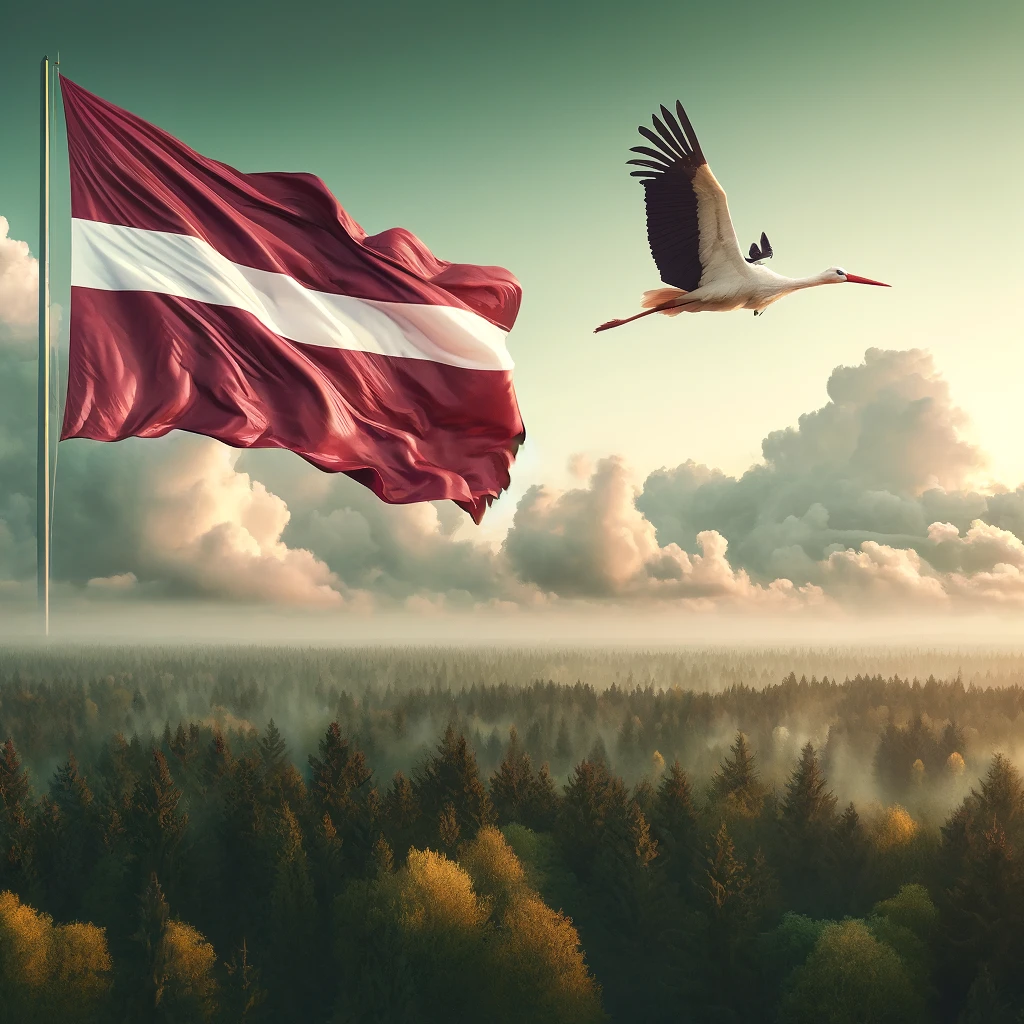 DALL·E 2024 04 29 09.55.49 Create a photorealistic image of the flag of Latvia and a stork flying with a background that combines a dense forest and clouds. The flag should app