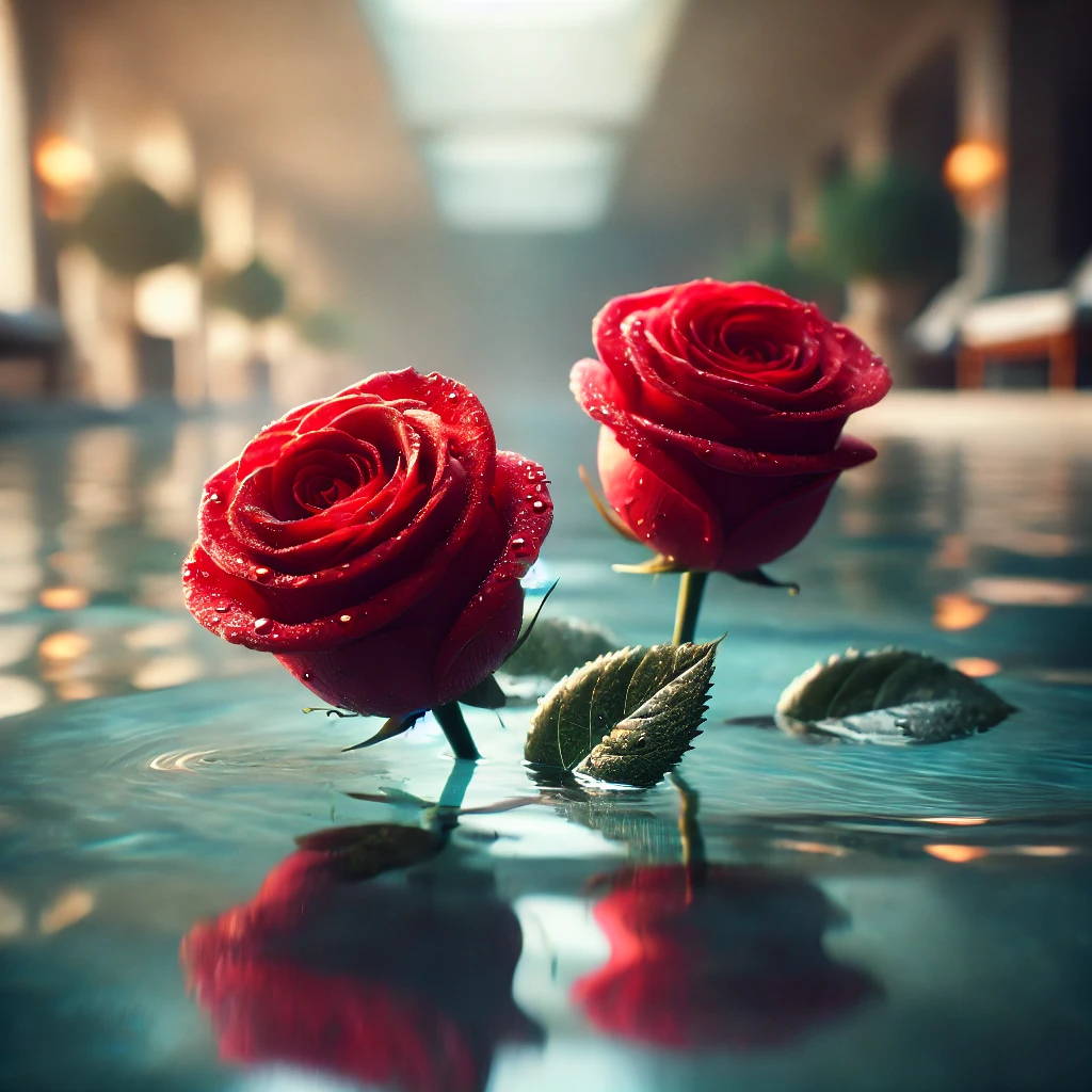 DALL·E 2025 02 11 15.14.06 Two red roses emerging from the surface of a calm indoor pool as if growing out of the water. The roses have vibrant velvety petals wi